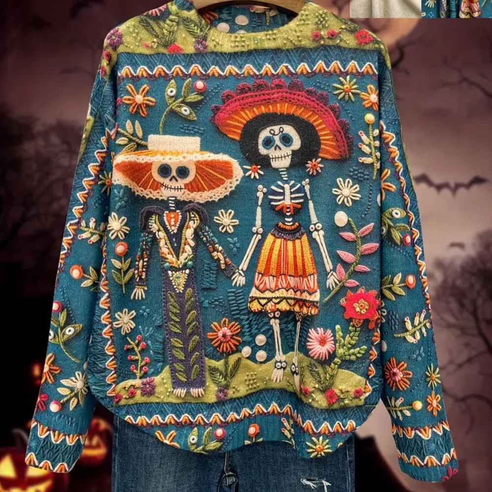 Vibrant Skeleton Embroidered Sweater
